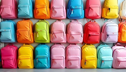 Colorful backpacks arranged in a vibrant display, showcasing playful hues that brighten and energize any environment