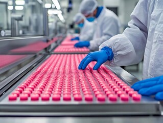 A healthcare worker in protective gear carefully arranges pink capsules on a production line in a pharmaceutical facility.