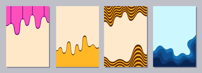Wall Mural - Set of flyers, posters, banners, placards, brochure design templates A6 size. Graphic design vector colorful templates with smooth wavy shapes and stripes. Vector geometric color backgrounds.