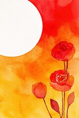 Sticker - Watercolor Red Flowers and White Circle on Yellow and Red Background