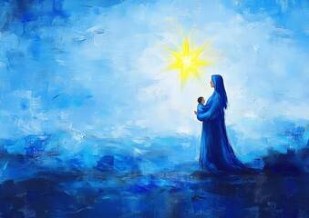 A minimalist, abstract blue painting of a mother holding her child while gazing at a bright star in the sky.
Concept: motherhood, abstract art, holy family, symbolic light, maternal love