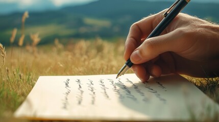 close up of hand writing on paper with open nature background