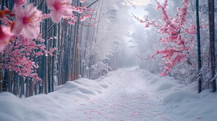 A plum blossoms dotted in the snow, bamboo forest in the distance covered with snow.