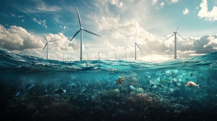 The image depicts wind turbines above an underwater scene, showcasing renewable energy's harmony with marine life beneath the waves.