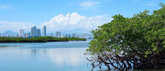 A serene view of a mangrove ecosystem with a city skyline in the background under a clear blue sky.