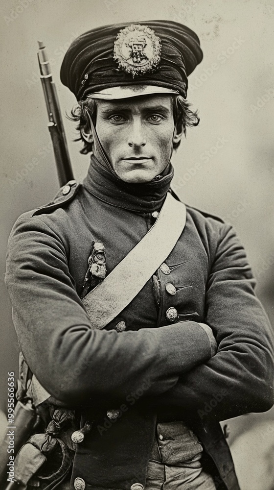 Sepia-toned portrait of a European man in military uniform with arms ...