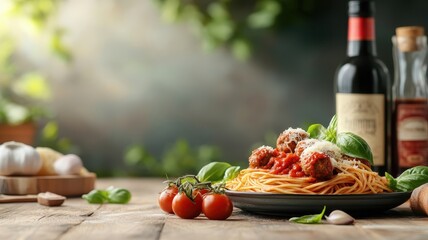 Nostalgic depiction of an Italian kitchen with a rustic plate of spaghetti and meatballs, marinara sauce, and parmesan, capturing home-cooked comfort.