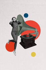 Canvas Print - Vertical collage image young cheerful girl positive mood gramophone audio music player record vinyl drawing background entertainment