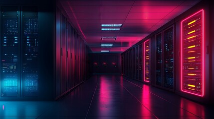 Neon lit server room