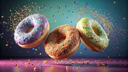 Three delicious donuts with colorful sprinkles flying on colorful background