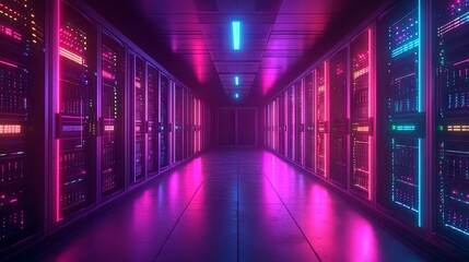 Neon lit server room