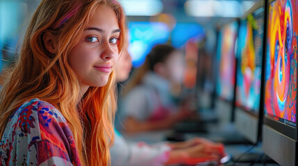 Aufkleber - Happy high school students, girl, creating artworks with computers using AI - vibrant bright saturated colors, joy, happiness, light.