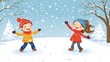 © SETSU NART - A cartoon happy boy and girl playing in the snow, with plenty of space for text in the winter scene.