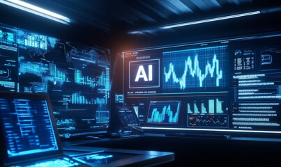 Blue AI digital displays in a dark room.
