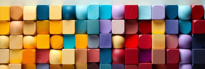 Wall Mural - Spectrum Multicolored Wooden Blocks Aligned - Creativity Diverse Header Cover Image Background