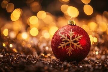 Festive Christmas background. A red ball with a snowflake on a sparkling background.