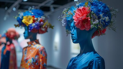 Vibrant mannequins with floral headdresses in a colorful art exhibit display unique creativity and beauty with bright colors.