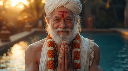 Blessing Hindu Guru in Traditional White Dhoti and Rudraksha Mala, Expressing Peacefulness with Hands Raised and Red Tilak, Illuminated by Soft Warm Lighting - Essence of Enlightenment