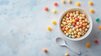 Top view of baby cereal with a napkin and fruits, space for text 