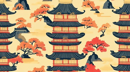 A decorative illustration featuring a traditional Asian pagoda surrounded by vibrant autumn trees and rocky landscapes.