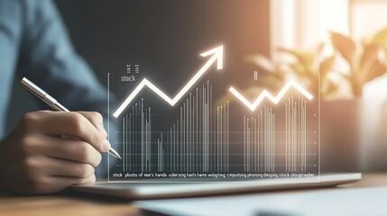 A professional analyzing data trends on a tablet, showcasing upward financial growth with graphic representations.