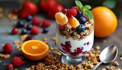 Wall Mural - Delicious yogurt parfait layered with fresh berries, crunchy granola, and vibrant oranges