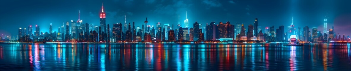 Panoramic photograph of the skyline of New York City at night, with lights reflecting on the water and buildings lit up in a variety of colors