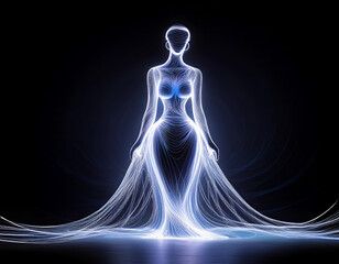 Elegant woman is posing, wearing a futuristic glowing dress made of fiber optics