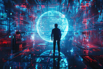 Wall Mural - horizontal illustration of virtual futuristic cyberspace with a human silhouette exploring the immersive reality