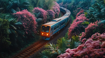 Aufkleber - The train passing through an outdoor garden, the train moving on its track amidst lush vegetation.
