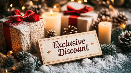 Exclusive discount banner set among festive decorations, holiday gifts, and glowing candles to promote seasonal sales during winter celebrations