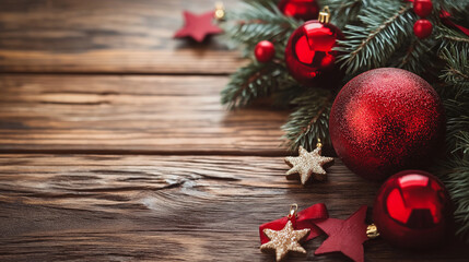 Wall Mural - Festive holiday arrangement featuring red ornaments and evergreen branches on a wooden surface for seasonal greetings