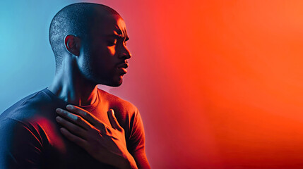 A man clutches his chest in distress, silhouetted by warm sunlight against a striking red and blue backdrop, emphasizing the critical nature of heart health