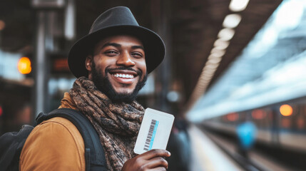 A smiling traveler holds a train ticket at a busy station, ready for an exciting journey ahead