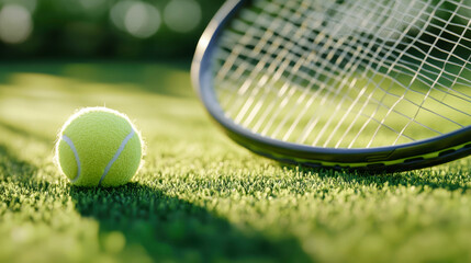 A close-up captures a tennis racket and ball on rich green grass near the net, embodying the spirit of competition and the joy of outdoor play