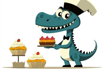 Poster - Funny Dinosaur Chef Serving Cupcakes