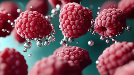 Wall Mural - Raspberries Floating in Water with Bubbles.