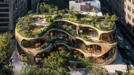 Modern building with green roof. Shows innovative design & urban sustainability.