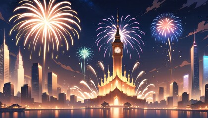 Happy new year eve Elegant fireworks illustration background 