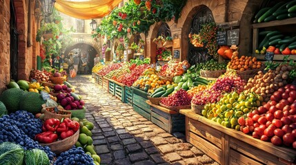 Colorful fruit and vegetable market. Stand with a variety of fresh produce for sale