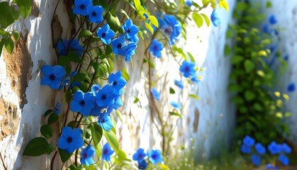 Lush garden corner with vibrant blue climbing flowers cascading over a charming white stucco wall, enveloped in a serene atmosphere