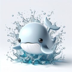 A 3D cute whale, water splashes, jumps out, white background