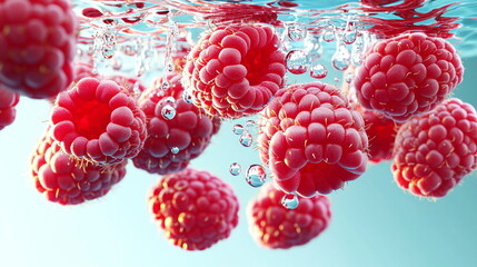 Wall Mural - Fresh Raspberries Floating in Water.