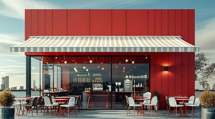 Wall Mural - Cafe exterior, red and white, simple, modern.