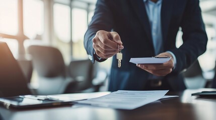 A professional man in a suit holds keys while examining documents in a well-lit office setting, suggesting a real estate transaction or business deal.