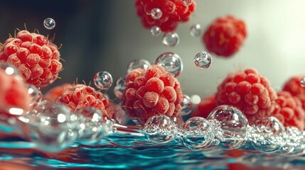 Sticker - Raspberries Splashing in Water with Bubbles.