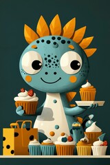 Poster - Cute Cartoon Dinosaur Holding Cupcakes