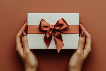 Close-up photo of hands holding a gift. This image can be used for gift-giving, special occasions, and holidays.