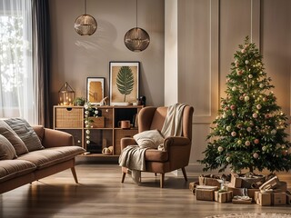 christmas tree in the interior design, mordern living room with christmas decoration.