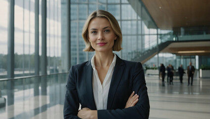 Confident Businesswoman: A powerful portrait of a confident businesswoman standing with her arms crossed, looking directly at the camera in a modern office setting.